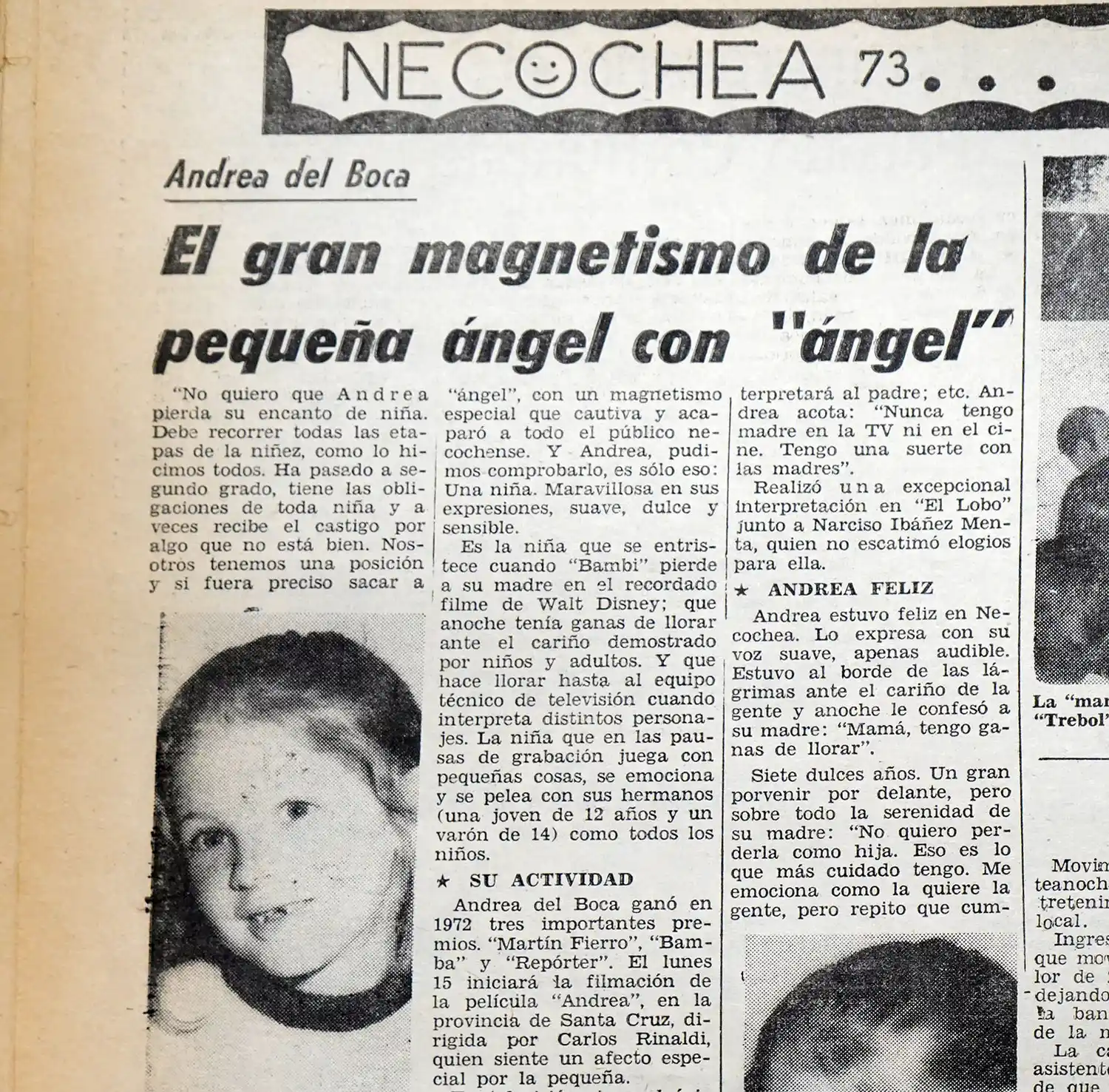 Una pequeña. Andrea Del Boca hizo declaraciones en 1973 a Ecos Diarios