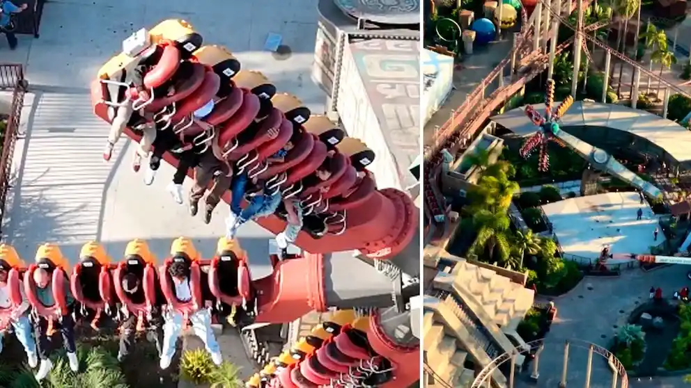 En una operación que se extendió por más de dos horas, personal del parque utilizó grúas y equipos especializados para descender a 22 visitantes. (Captura de X- @AppleSeedTX/ TikTok-@socaln)