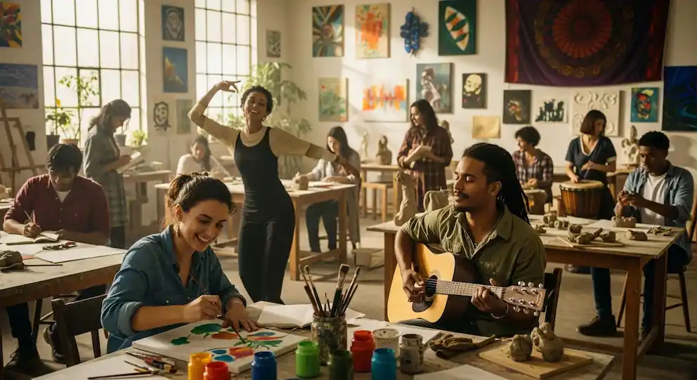 Un grupo de jóvenes participa activamente en un taller artístico, explorando la pintura, la escultura, la música y la danza en un ambiente creativo y colaborativo. El aula, decorada con coloridas obras de arte, fomenta la expresión individual y el trabajo en equipo, reflejando la importancia de la educación artística en la formación integral.