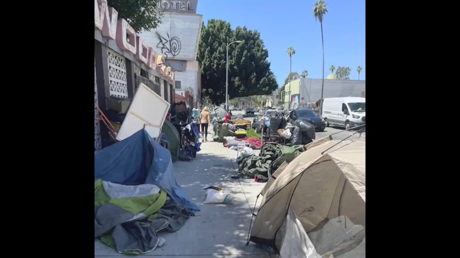 A large homeless encampment taking over sidewalks in Hollywood.