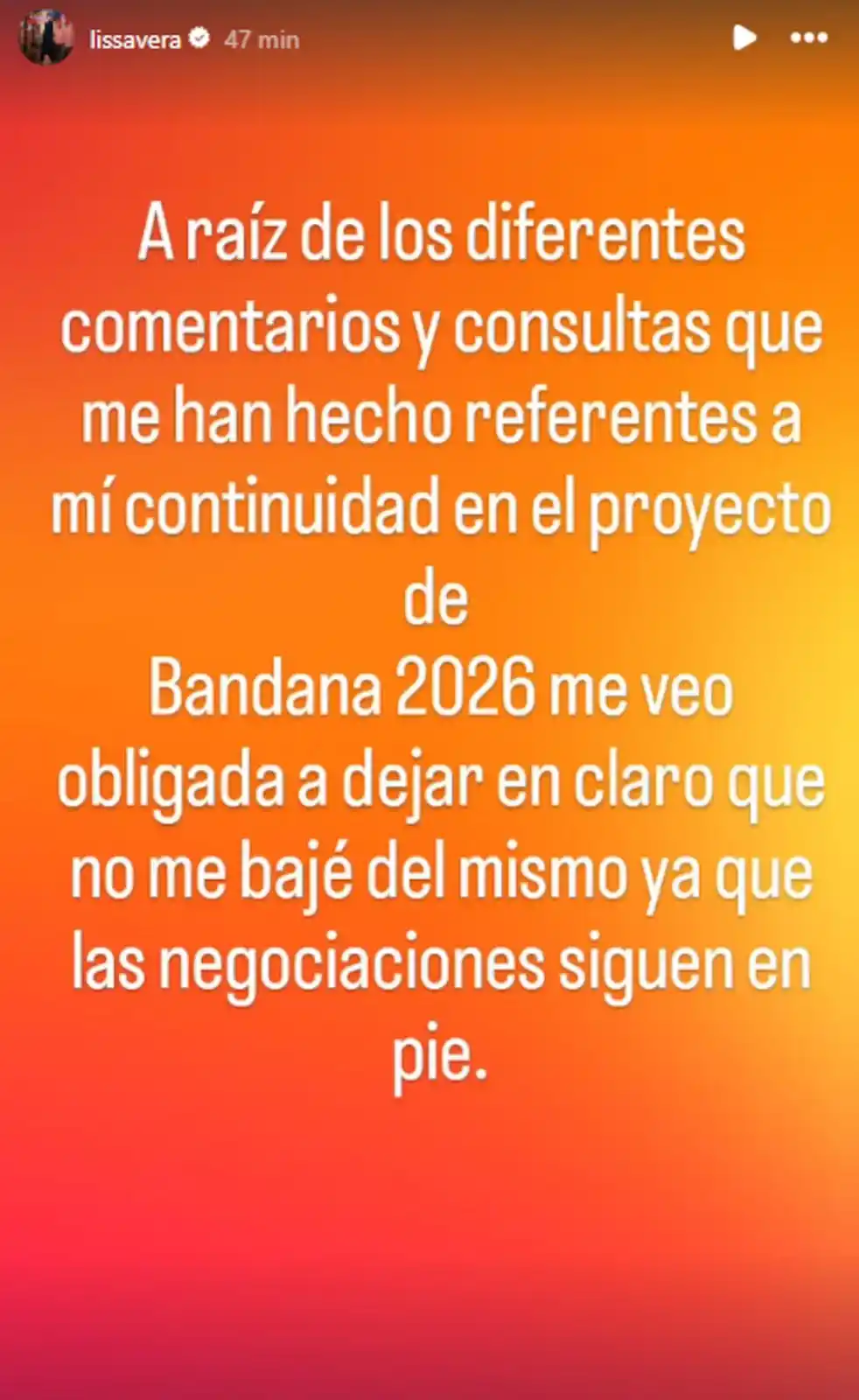 El posteo de Lissa Vera tras los rumores de su salida de Bandana.