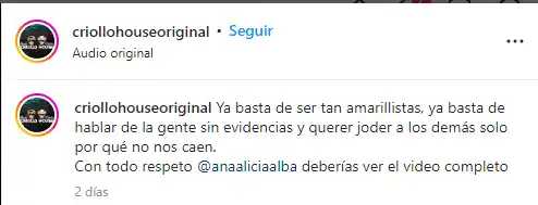 Esta es la cuenta que Criollo House denuncia como usurpadora y que crea confusión. Foto Instagram