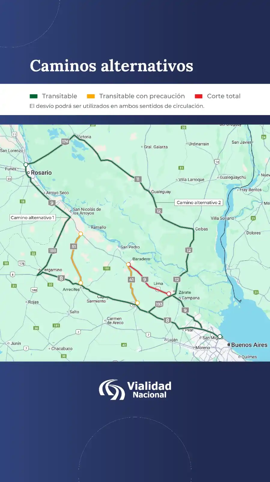 Vialidad Nacional Informó los  Caminos Alternativos por Inundaciones en Entre Ríos, Santa Fe y Buenos Aires