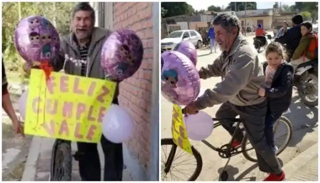 Abuelito adorna su bicicleta con globos para buscar a su nieta en la escuela