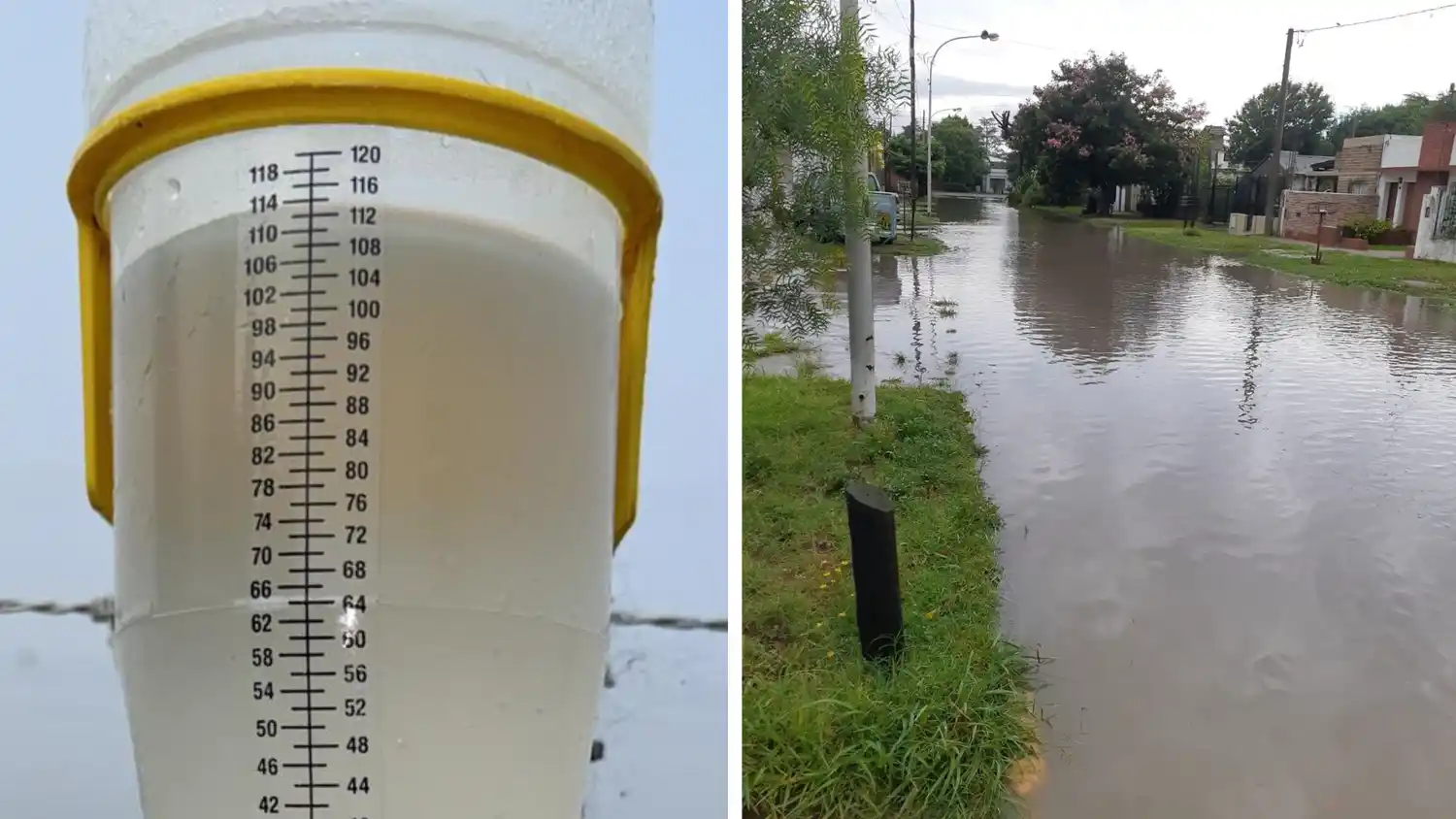Hubo sectores del partido donde la lluvia llegó a 139 mm. En la ciudad cayeron 107 mm. Fotos: Red Colaborativa INTA y lector de La Opinión.