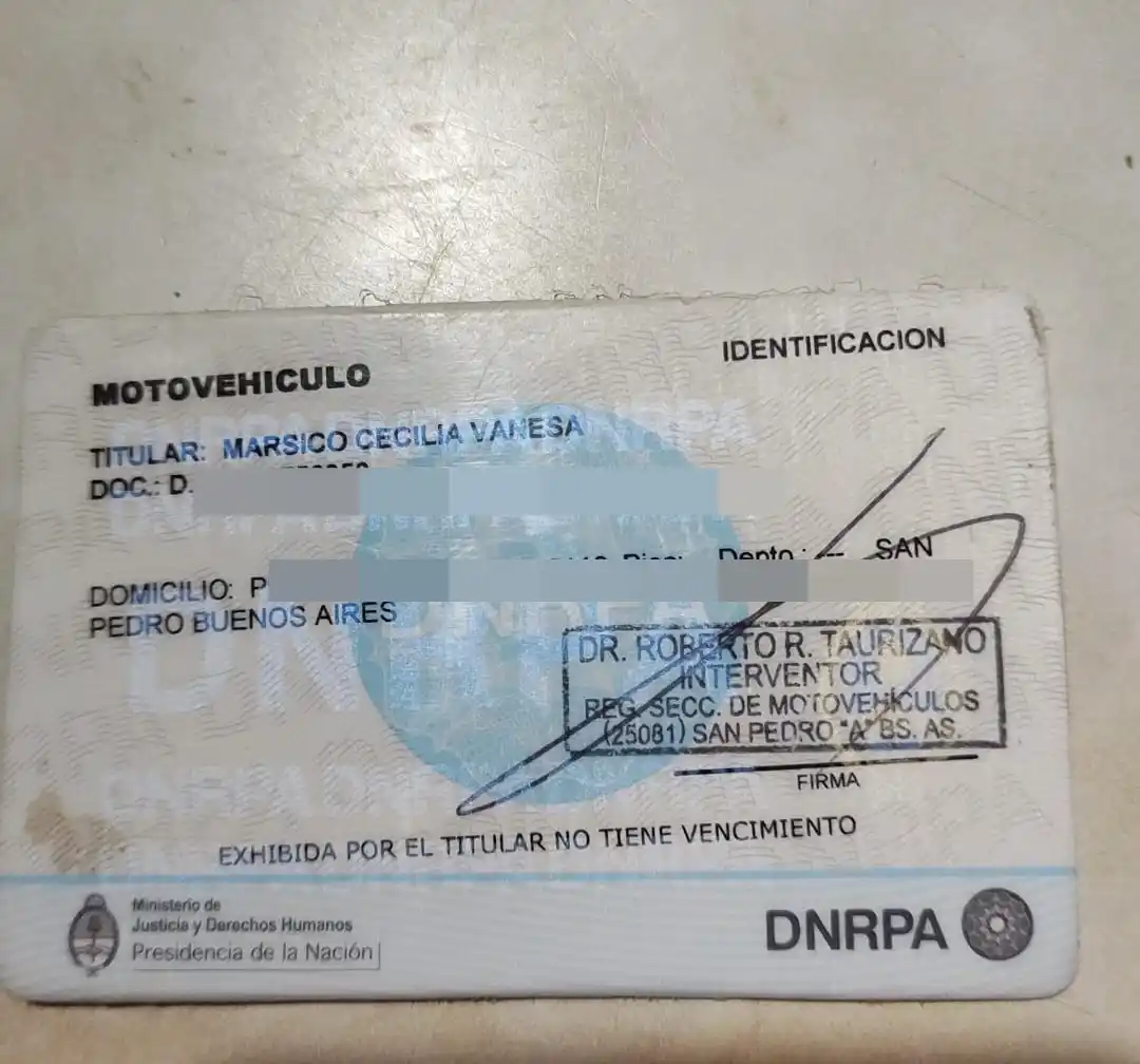Hallaron cédula de moto de Cecilia Mársico