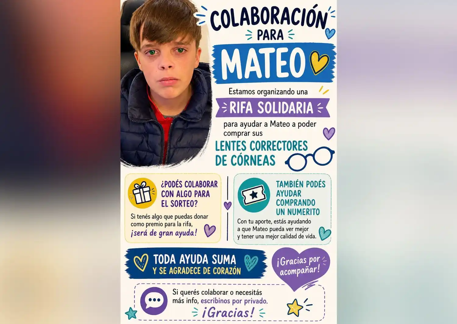 Pedido de solidaridad para Mateo - necesita unos lentes que cuestan 3 millones de pesos
