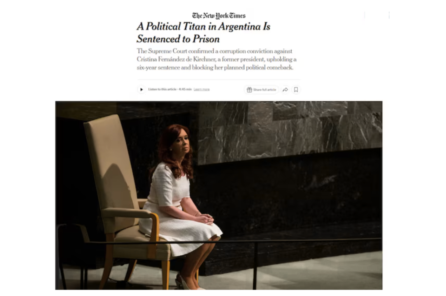 Cristina condenada: “Un titán político en Argentina es condenado a prisión”, tituló The New York Times