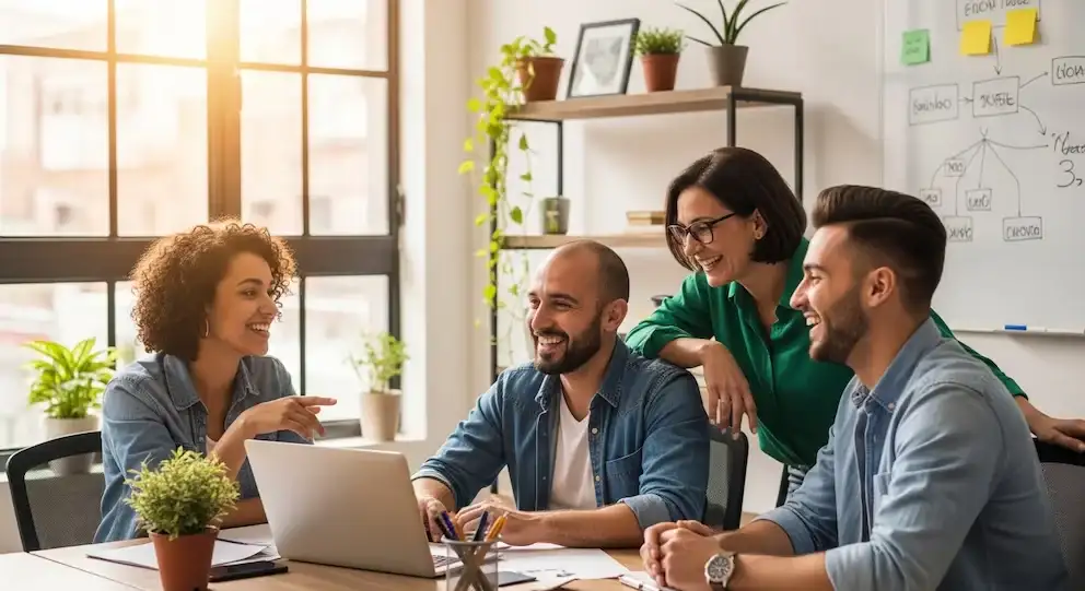 Cuatro colegas diversos demuestran compañerismo y colaboración en un ambiente de trabajo positivo en una pyme de Buenos Aires, fomentando el bienestar y el crecimiento profesional.