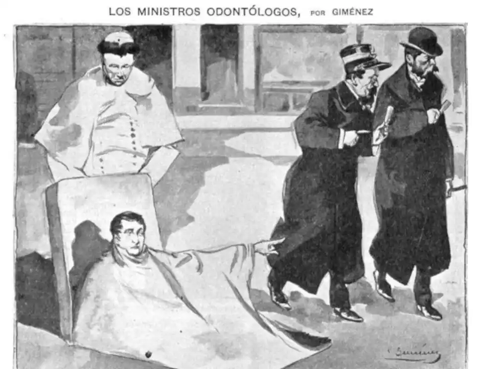 Belgrano asomándose en su tumba señalando el robo de sus dientes (Revista Caras y Caretas)