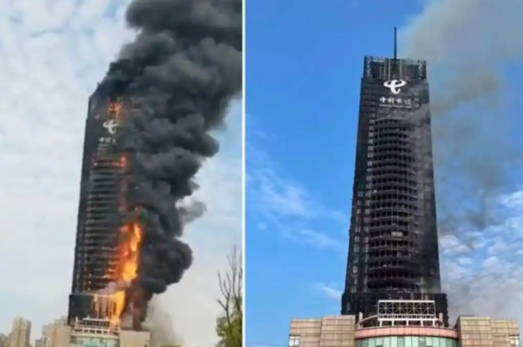 Video: un feroz incendio consumió un rascacielos en China