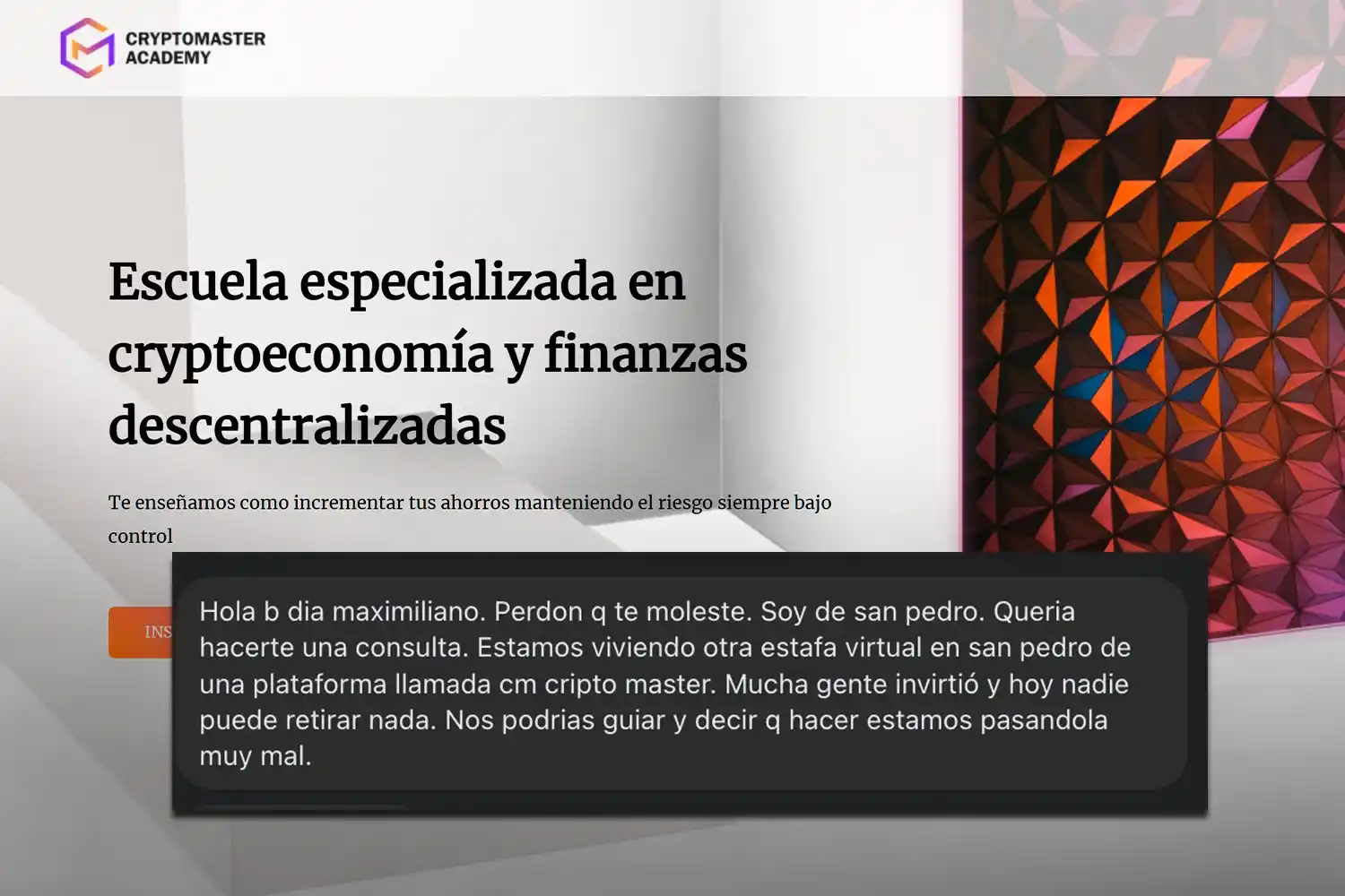 La página de Crypto Master Academy, el site que convocaba a inversores a aprender en cursos de educación financiera.