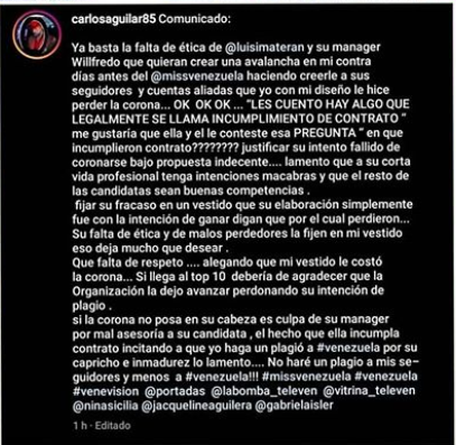 El comunicado de Aguilar en contra de Luiseth Materán. Foto: Cortesía @lareinapepia