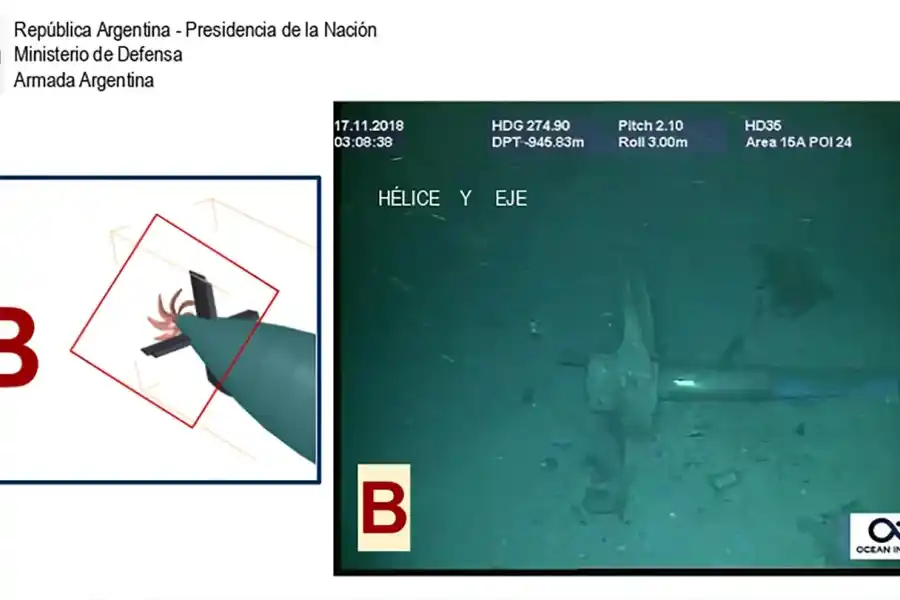 La sección B es el cono de popa. Allí se encuentran el timón vertical, planos de popa, hélice y eje. El ARA San Juan tenía una sola hélice con siete palas. En apariencia, dos de las mismas se encuentran enterradas en el fondo marino, y las cinco restantes están visibles