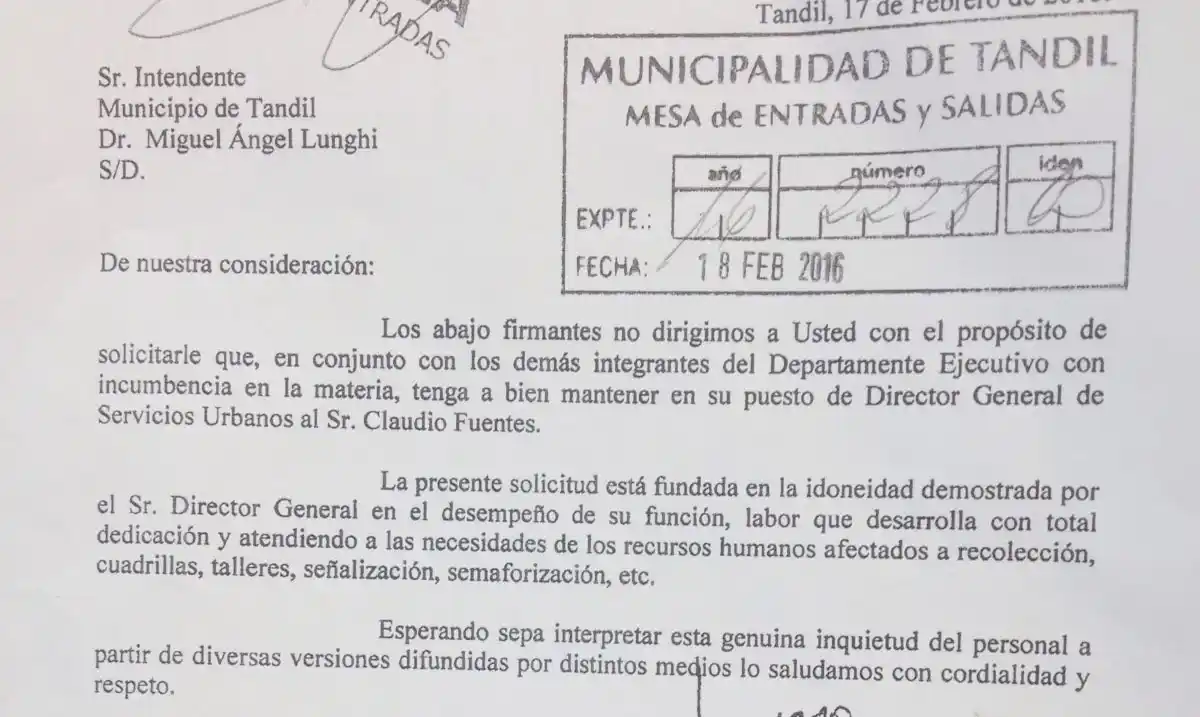 Rechazan mediante una carta al intendente el pedido de renuncia a Fuentes