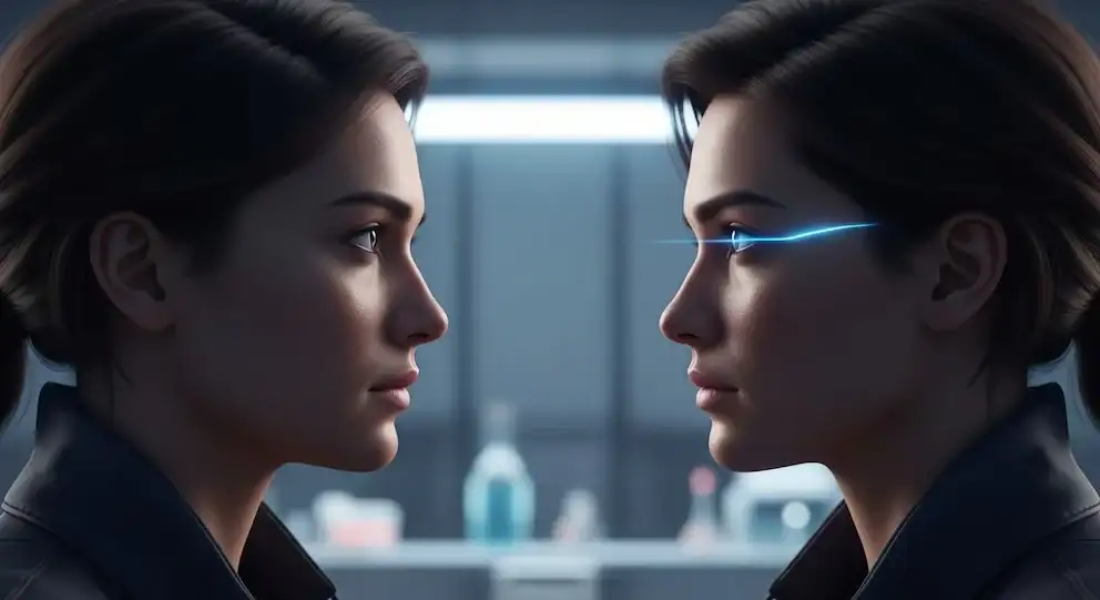 Una mujer mira fijamente a su clon idéntico generado por inteligencia artificial, que proyecta una luz azul desde su ojo, simbolizando la interacción entre la humanidad y la tecnología.