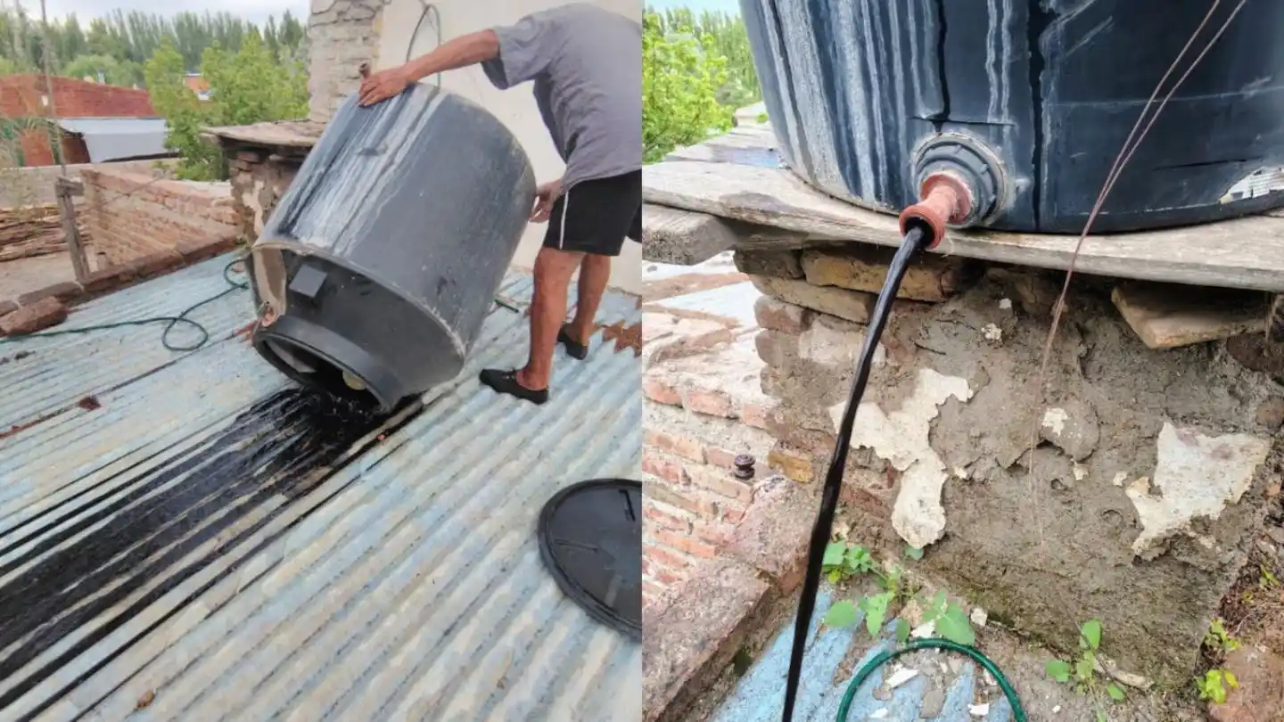 Los vecinos de Paso Córdoba tienen que buscar agua en baldes luego de que lavatorios, filtros, inodoros y tanques queden teñidos por una sustancia oscura y viscosa.