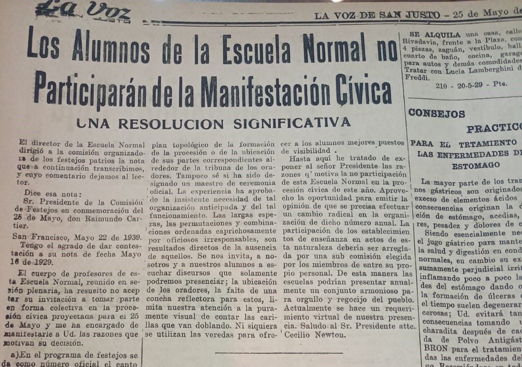 La noticia que anunciaba la ausencia de la Escuela Normal en el desfile del 25 de Mayo de 1929. (Archivo)