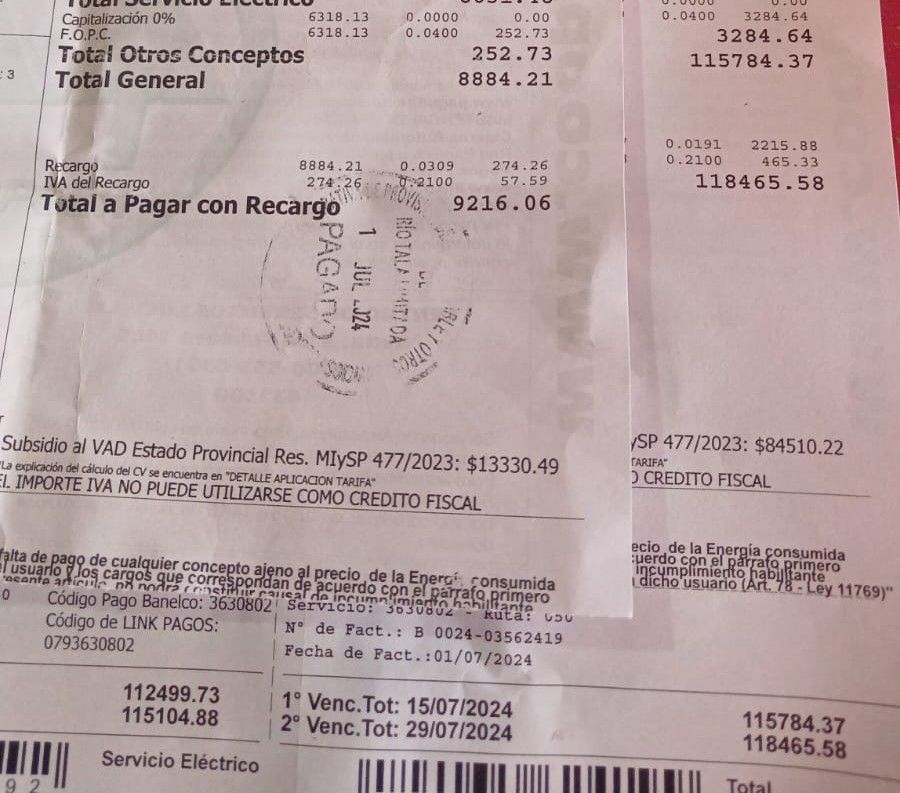 La sopresa: el mes pasado 9 mil y en julio 115 mil en la casa de una socia de Coopser de Río Tala.