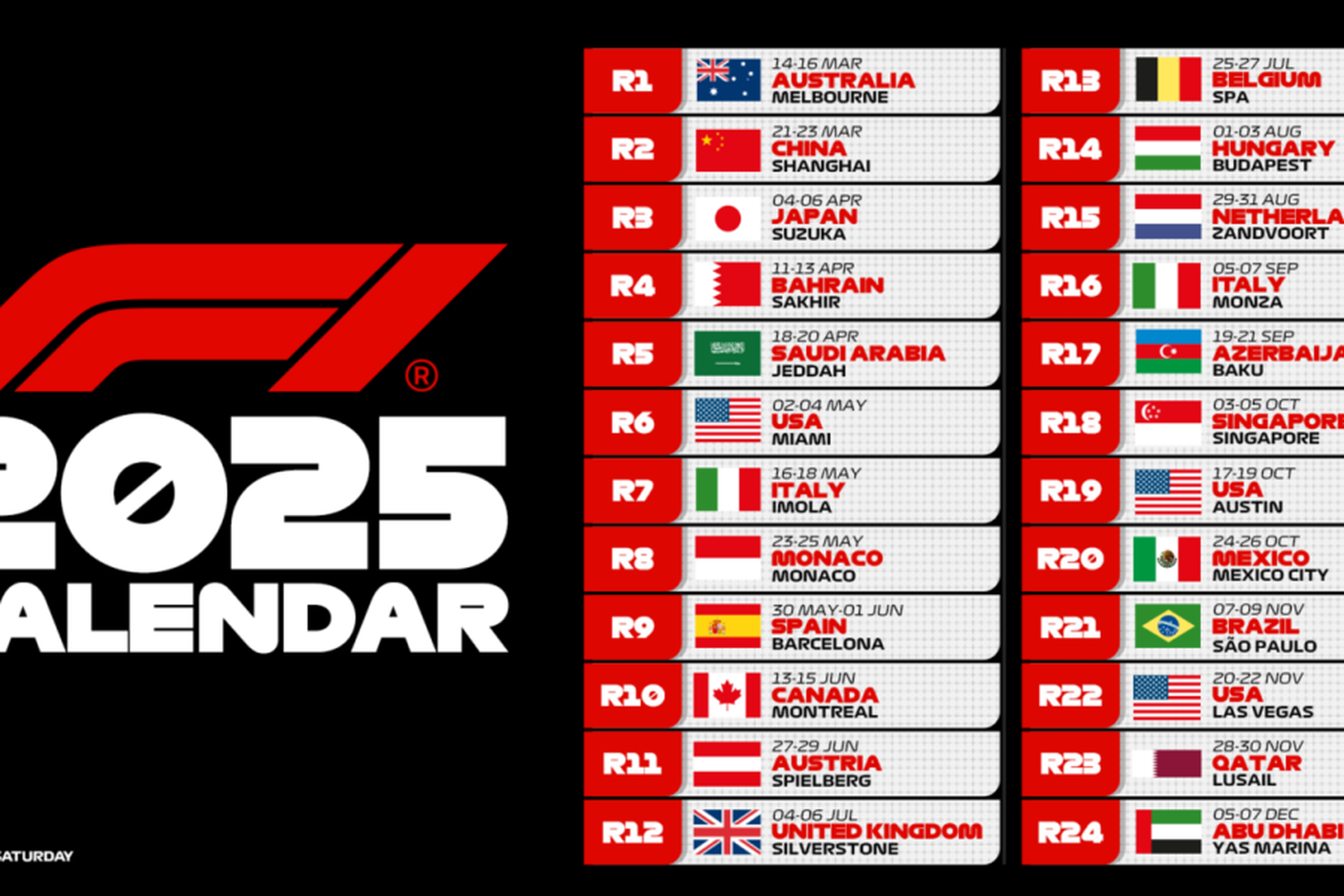 El calendario de la Fórmula 1 para el 2025