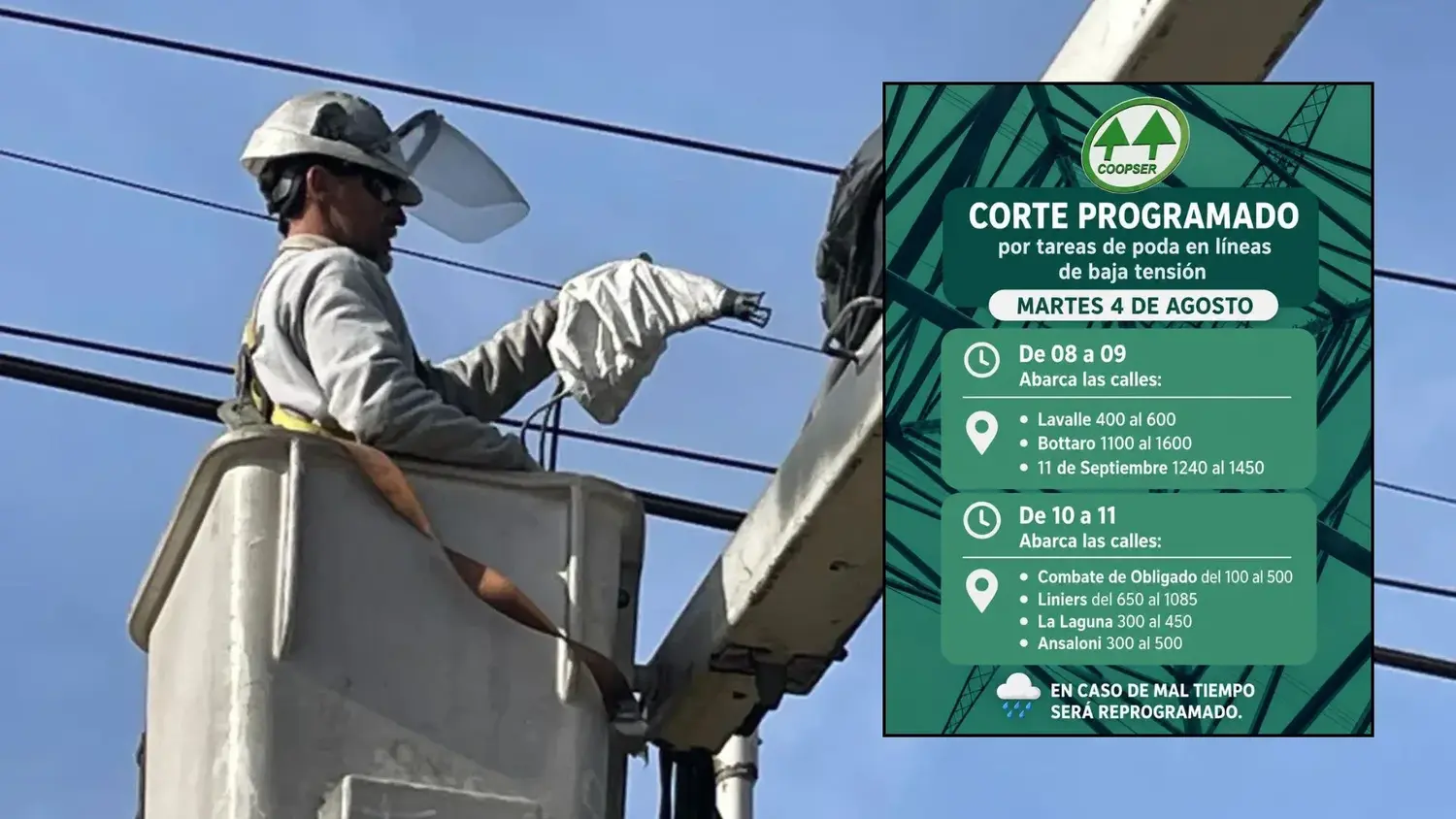 Los cortes programados para este martes serán en dos horarios. Es para proceder a la poda del arbolado urbano.