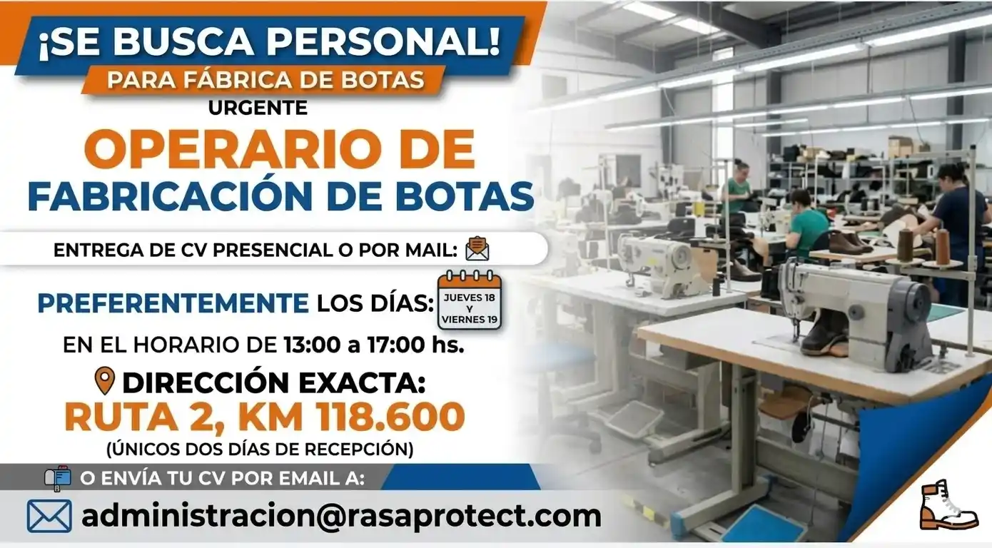 Oportunidad laboral en Chascomús: buscan operarios para fábrica de botas en crecimiento