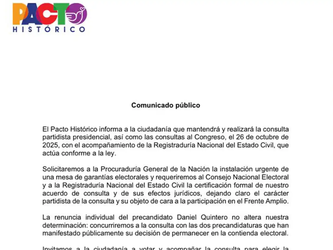 El Pacto Histórico de Petro confirma su consulta interna del 26 de octubre para definir candidato presidencial