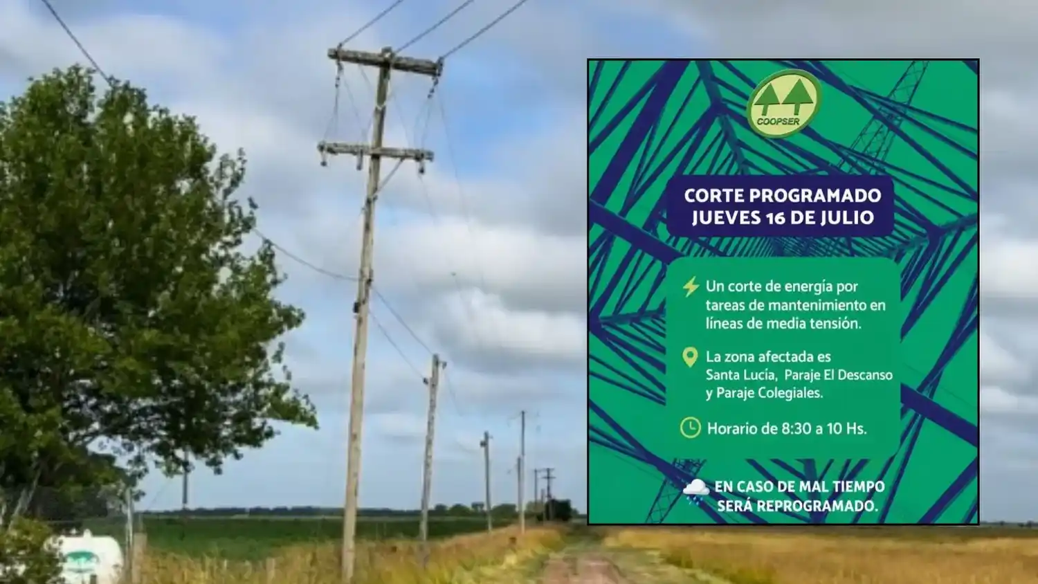 La CoopSer realizará esta mañana cortes por mantenimiento de líneas de media tensión en la zona rural y Santa Lucía