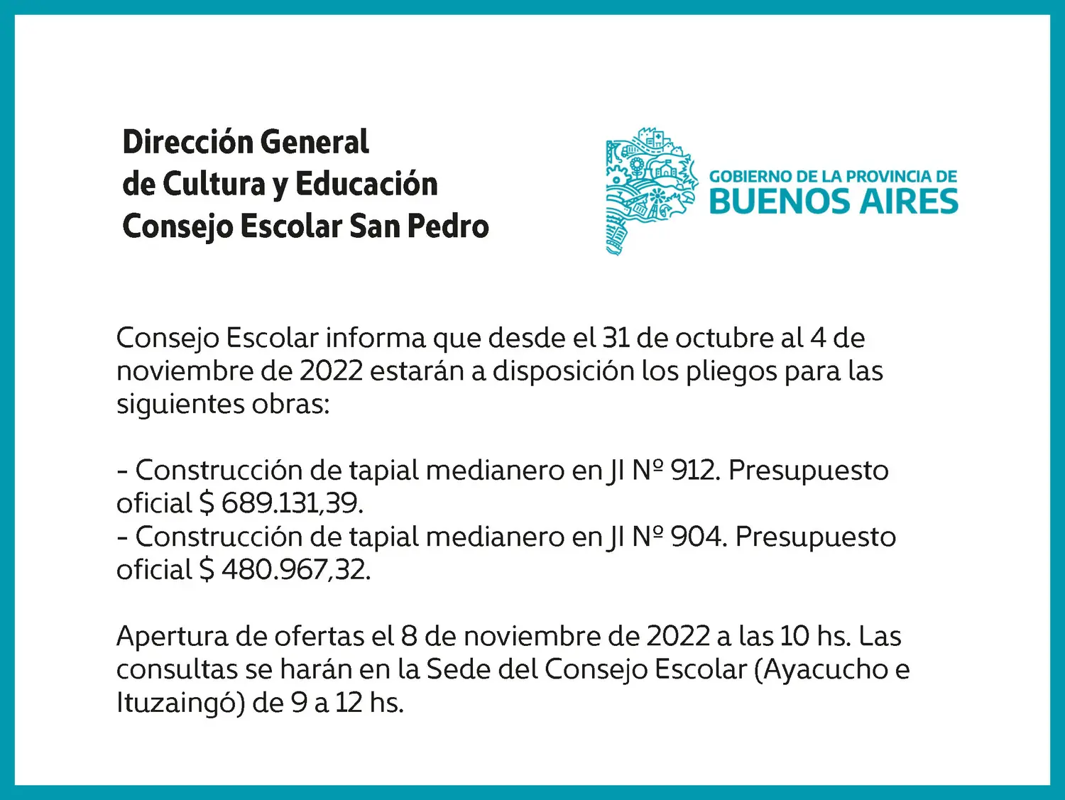 [Publicación Oficial] Consejo Escolar San Pedro: Pliegos disponibles para obras en jardínes N° 912 y 904