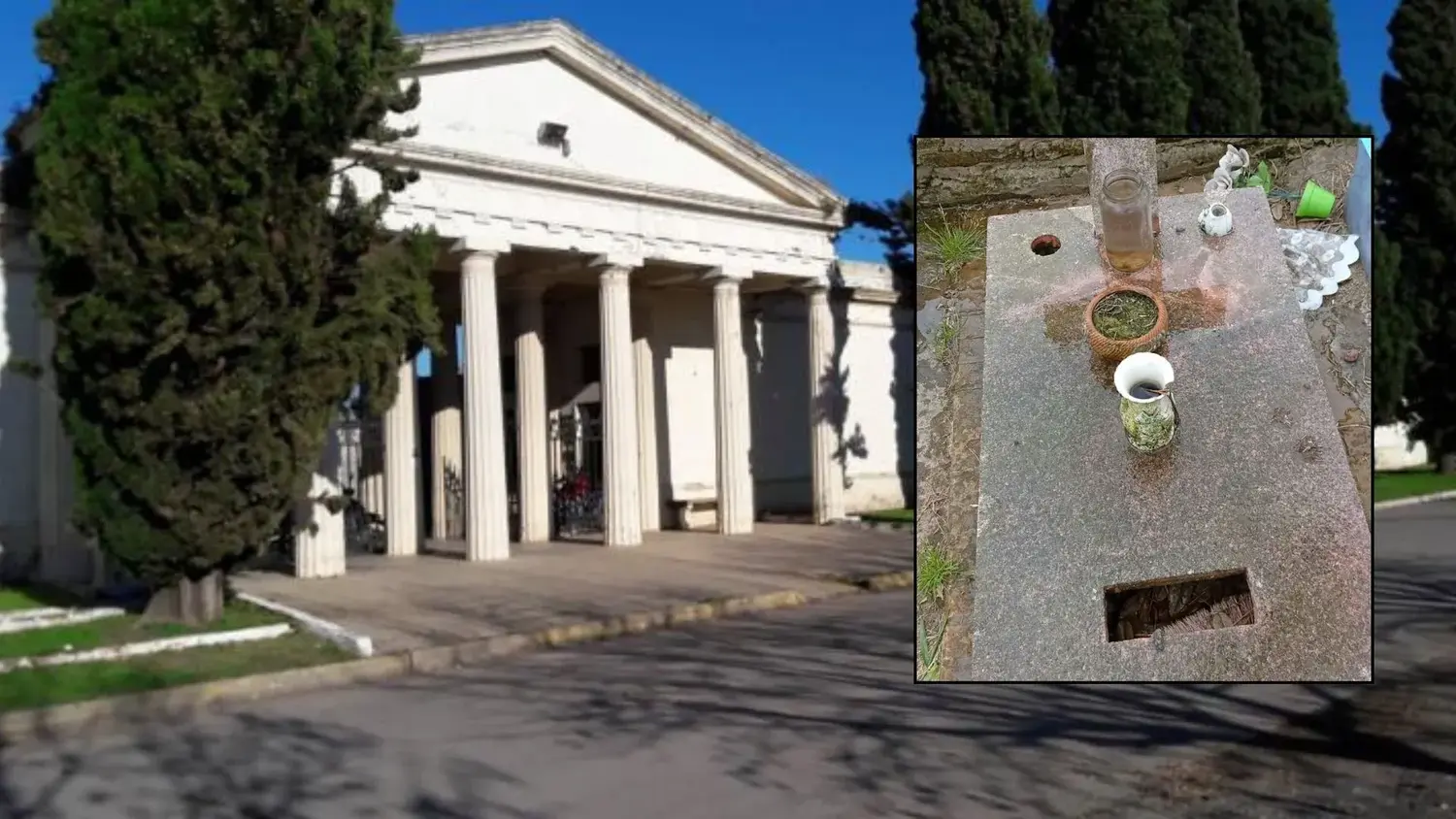 En la tumba se observa el hueco dejado tras el robo de la placa de bronce.