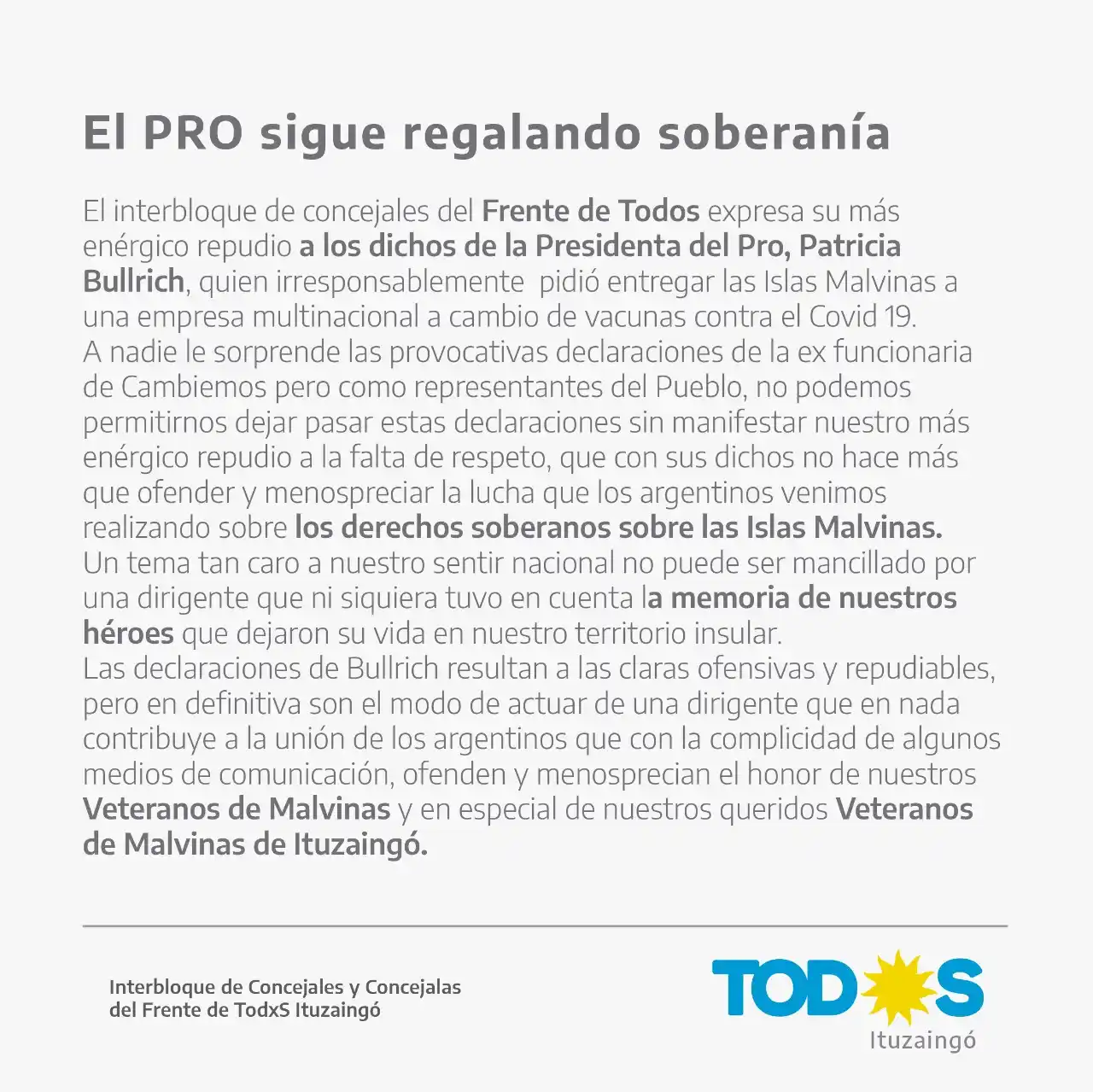 Ituzaingó: El interbloque del Frente de Todos repudió los dichos sobre Malvinas de Patricia Bullrich