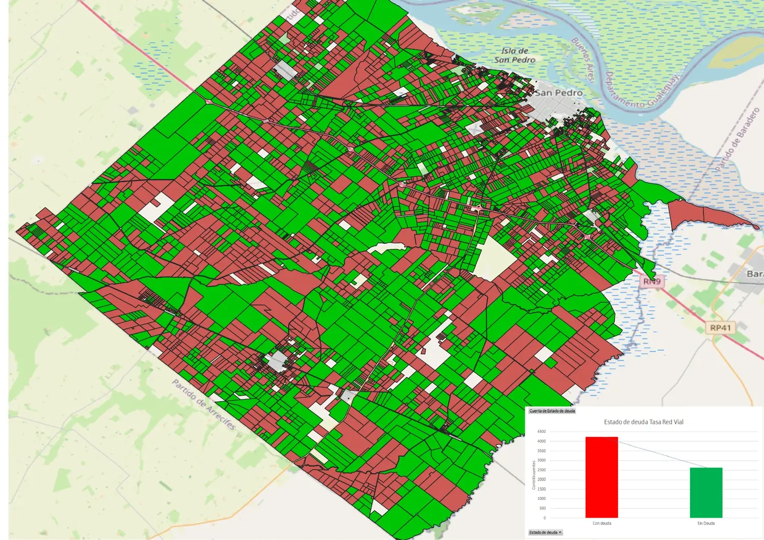 En verde, las cuentas que no tienen deuda por tasa de red vial; en rojo, las que sí tienen deuda.