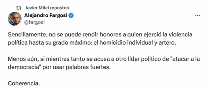 El tuit reposteado por Javier Milei.
