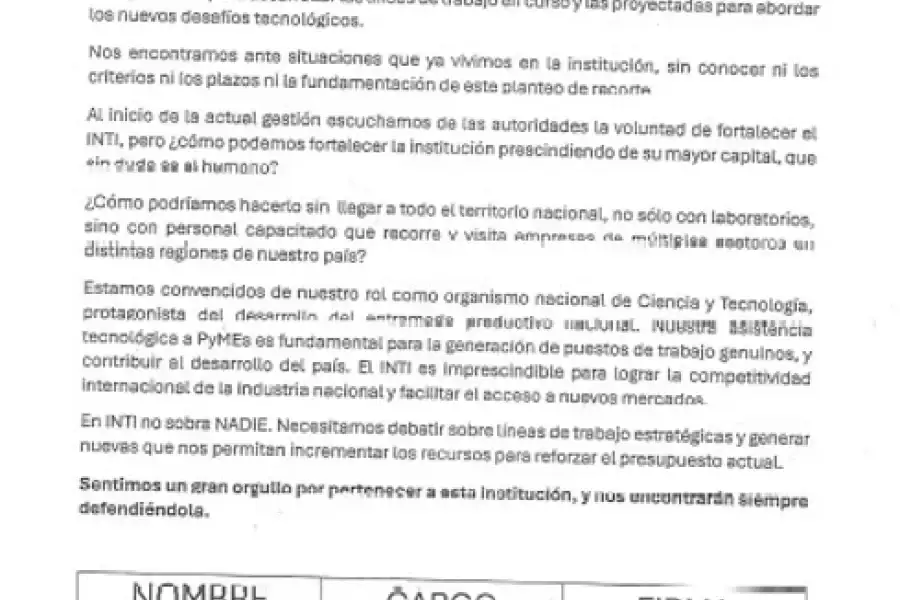Carta del INTI presentada a autoridades