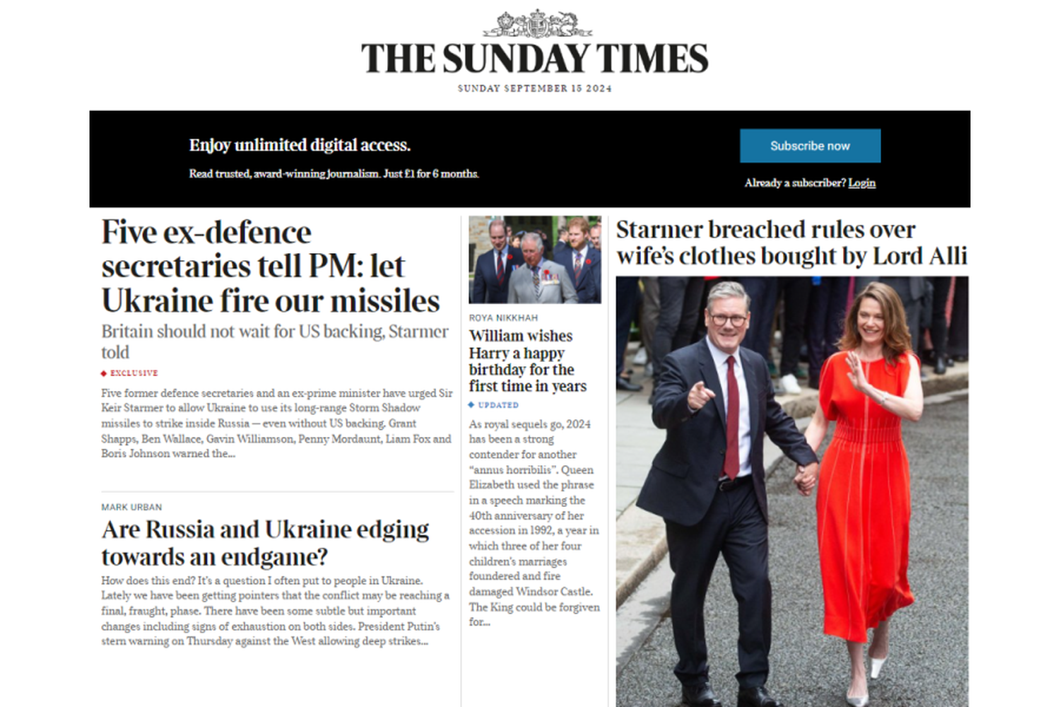 La tapa de The Sunday Times