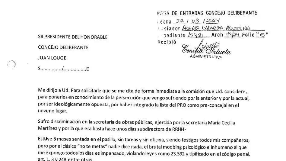 La nota presentada por Galarza en el Concejo Deliberante (FOTO: El Tiempo).