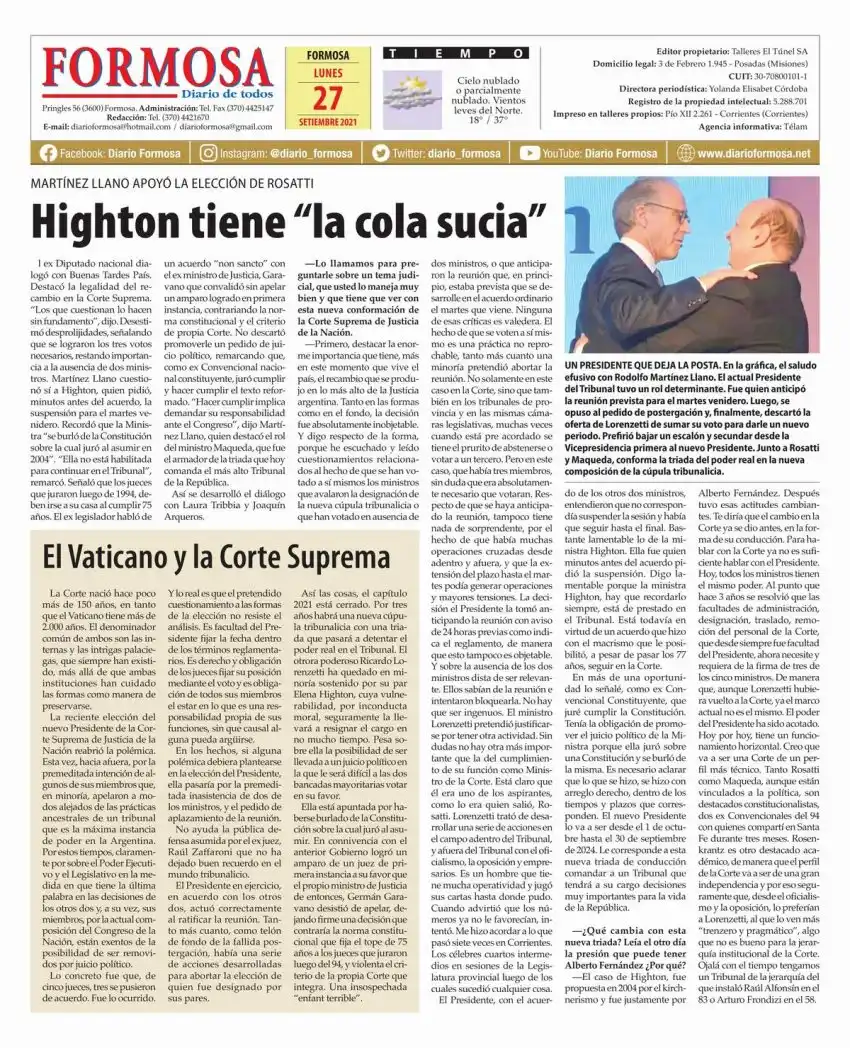 Tapa y Contratapa 27 de septiembre de 2021