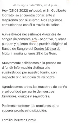 El último comunicado de la familia de Gualberto Ibarreto. 