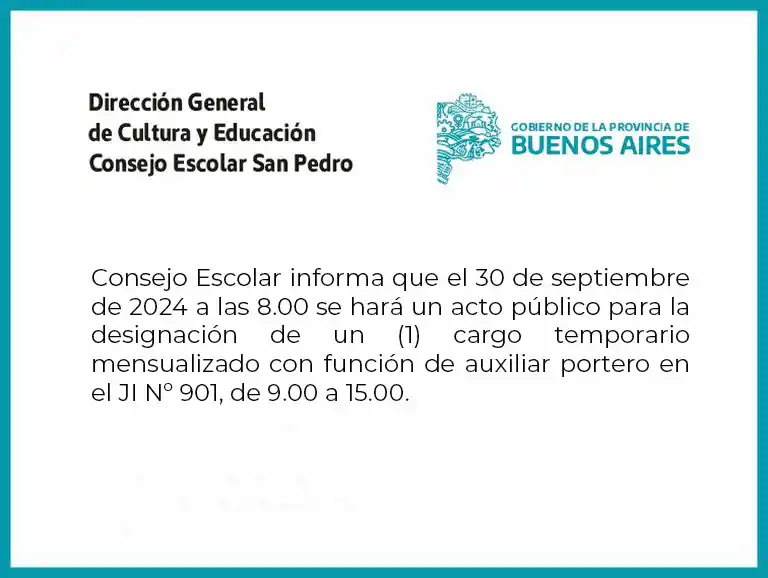 [Publicación Oficial] Consejo Escolar San Pedro: Designación de un cargo temporario con función de auxiliar portero