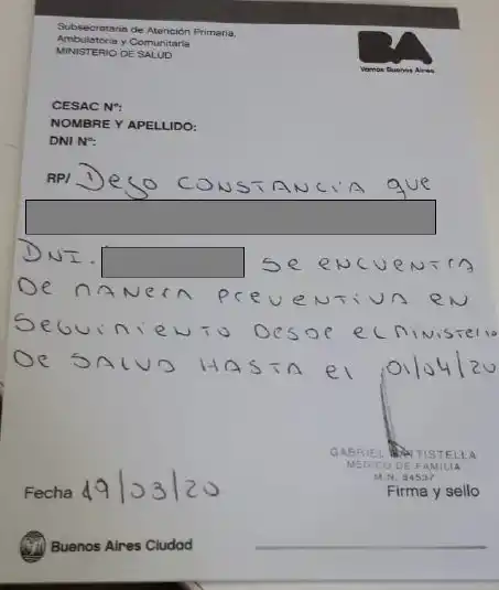 Certificado. La prueba que presentó el abogado para negar que su cliente haya violado la cuarentena
