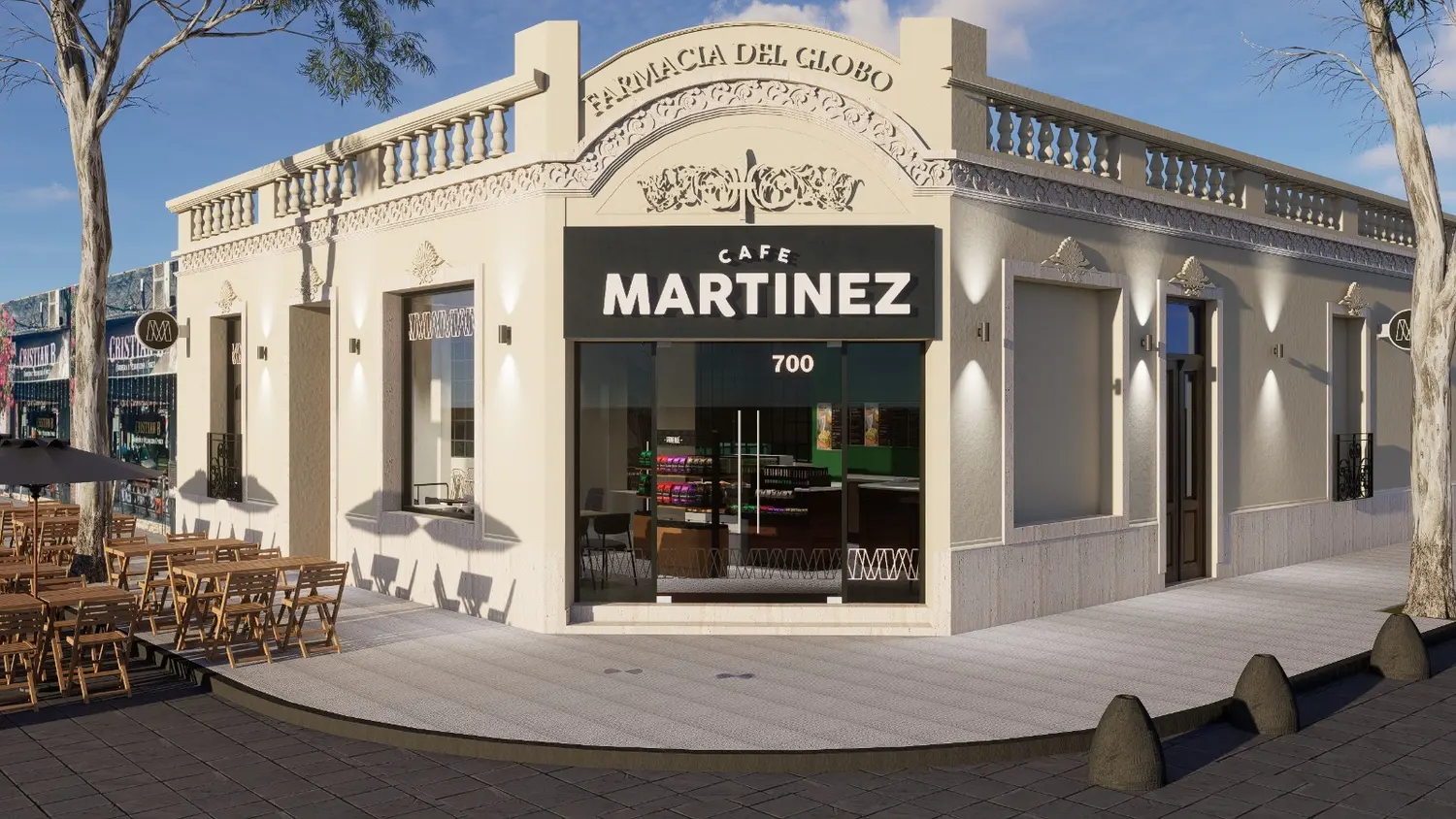 San Martín y López, esquina de la ex Farmacia del Globo, centro de Pilar.