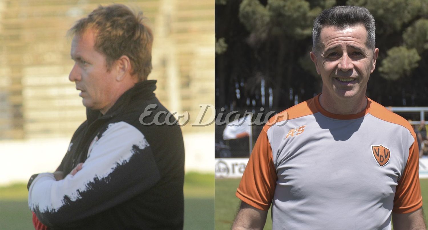 Los técnicos de izq. a der. Darío Aranguren (Sportivo) ante Pablo Fernández (Villa Díaz Vélez)