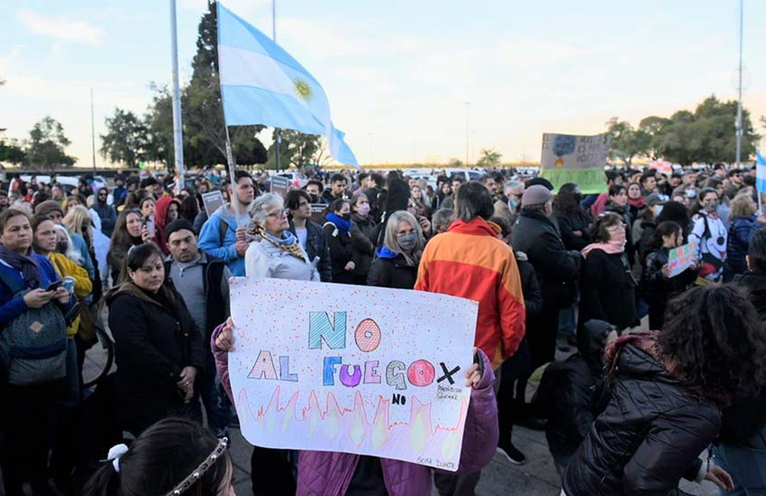 Con el humo en el horizonte, Rosario se manifiestó contra las quemas en las islas