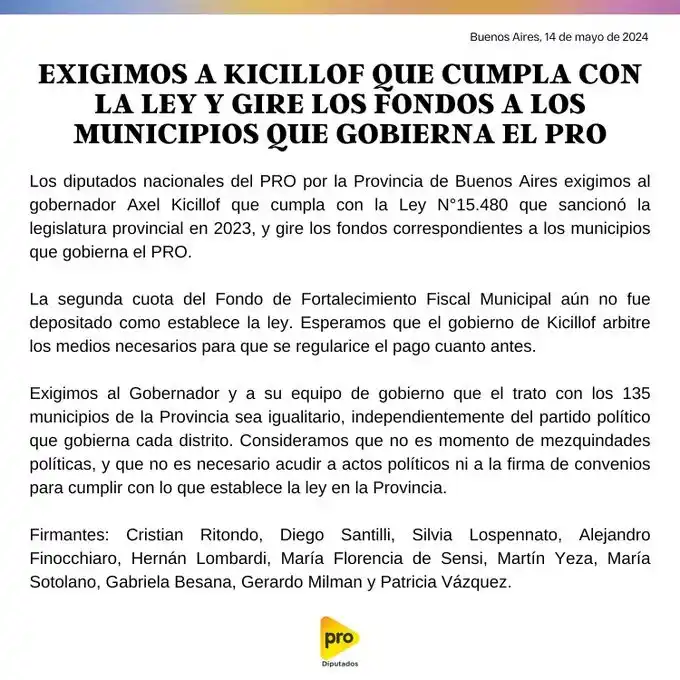Comunicado del bloque de Diputados PRO.