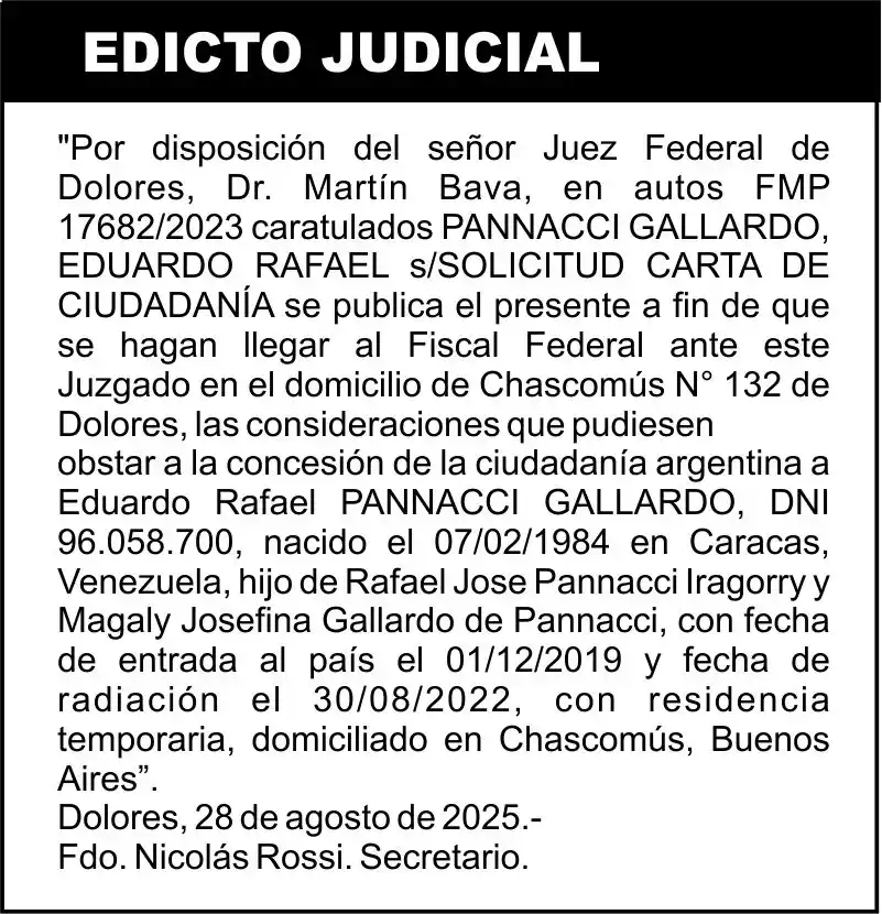 EDICTO: PANNACCI GALLARDO, EDUARDO RAFAEL s/SOLICITUD CARTA DE CIUDADANÍA