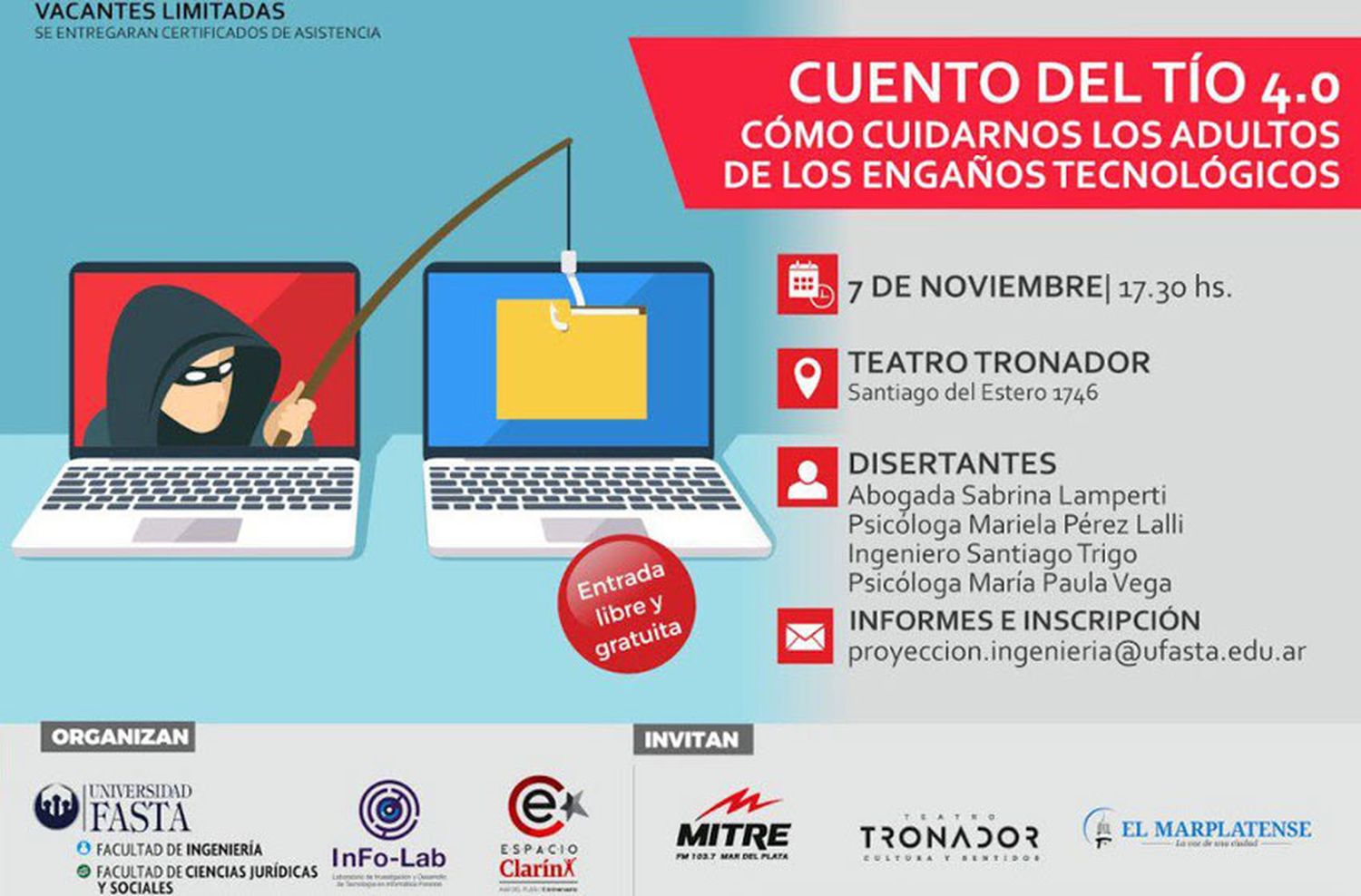 Cómo cuidarnos los adultos de los engaños tecnológicos: charla informativa en el Teatro Tronador