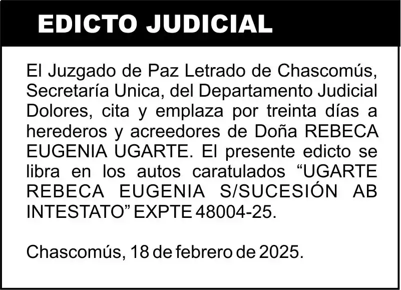 “UGARTE REBECA EUGENIA S/SUCESIÓN AB INTESTATO”