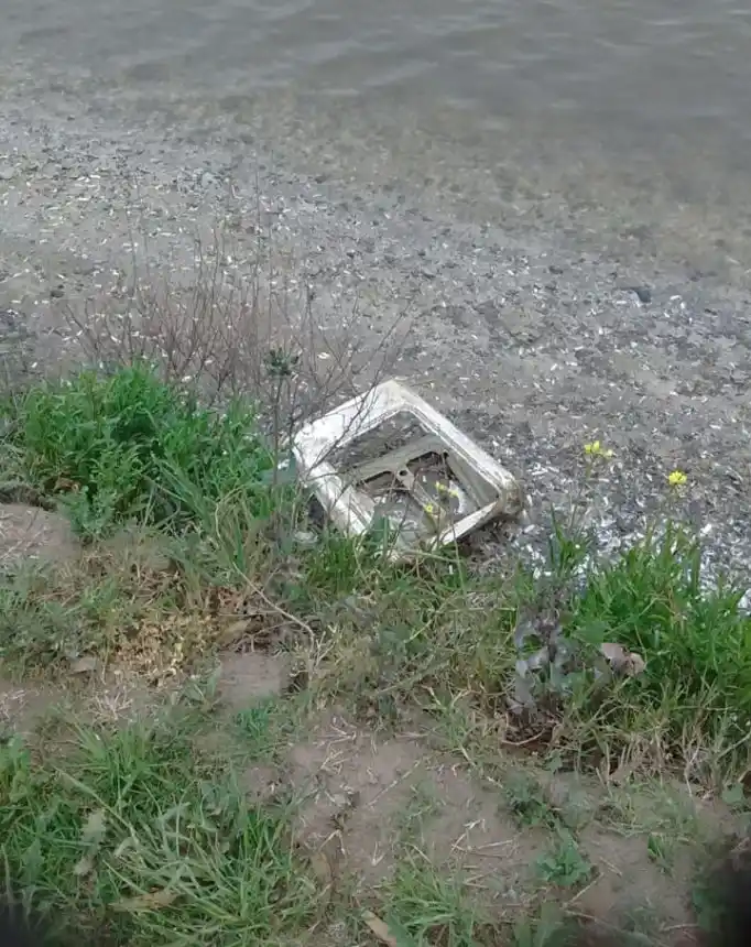 Una heladera tirada en el río