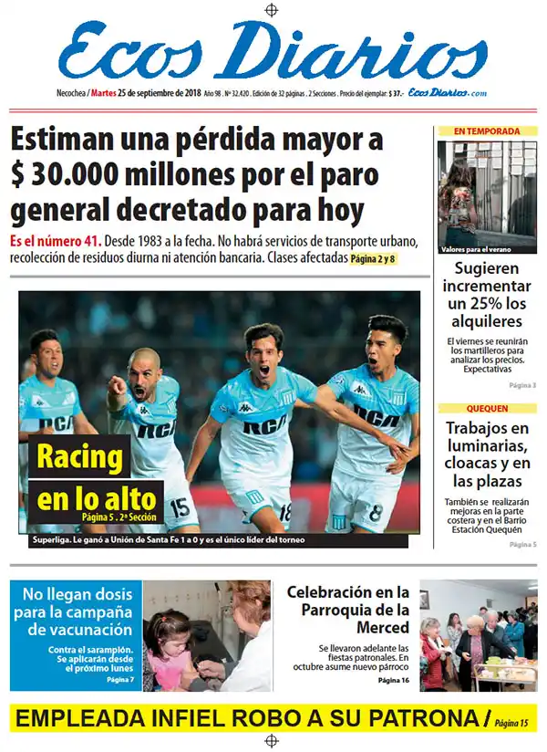 Tapa del 25 de septiembre de 2018