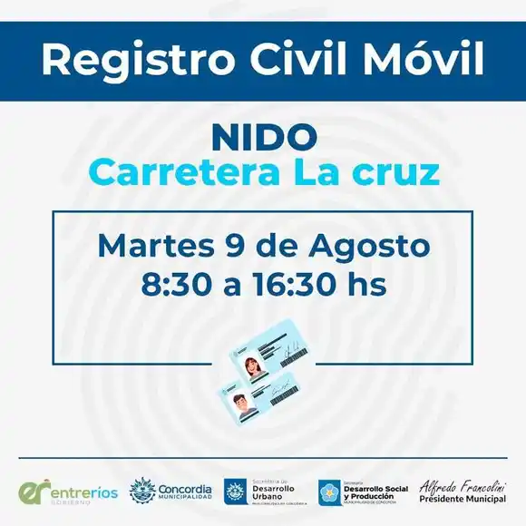 El Registro Civil Móvil vuelve hoy martes a Concordia